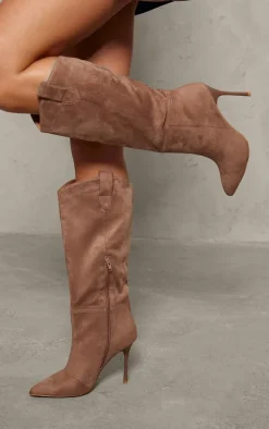 Taupe Faux Suede Point Toe Western Knee High Stiletto Heeled Boots