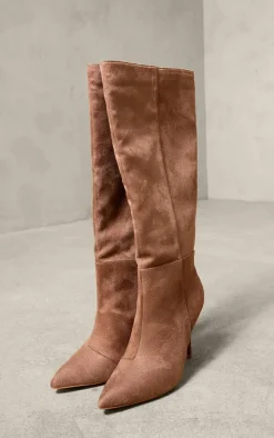 Taupe Faux Suede Point Toe Knee High Stiletto Heeled Boots