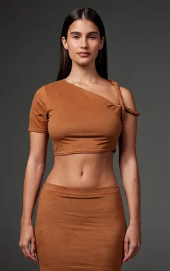 Taupe Faux Suede Twist Strap Detail Crop Top