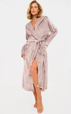 Taupe Fleece Hooded Maxi Bath Robe