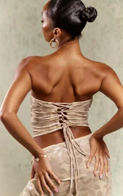 Taupe Floral Devore Ruched Front Bandeau Corset