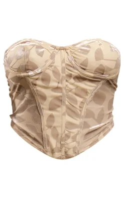 Taupe Floral Devore Ruched Front Bandeau Corset
