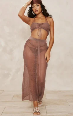 Taupe Flower Pattern Sheer Knit Midaxi Skirt