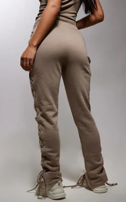 Taupe Lace Up Side Detail Oversized Sweatpants