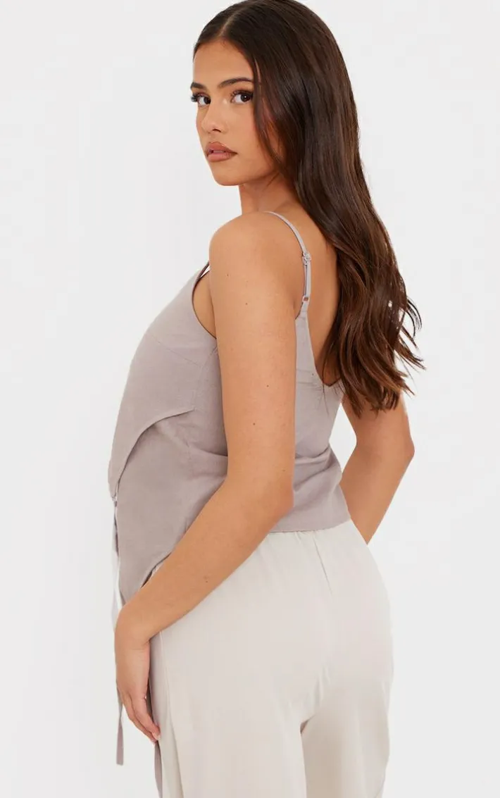 Taupe Linen Asymmetric Strappy Detail Cami Top