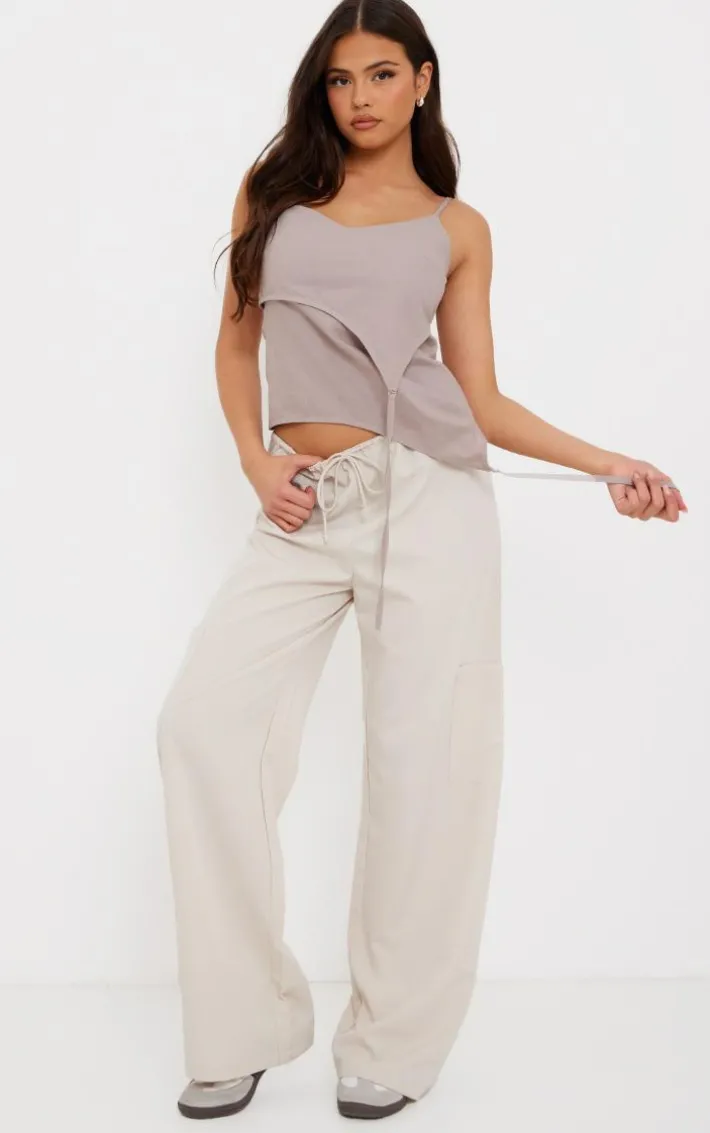 Taupe Linen Asymmetric Strappy Detail Cami Top