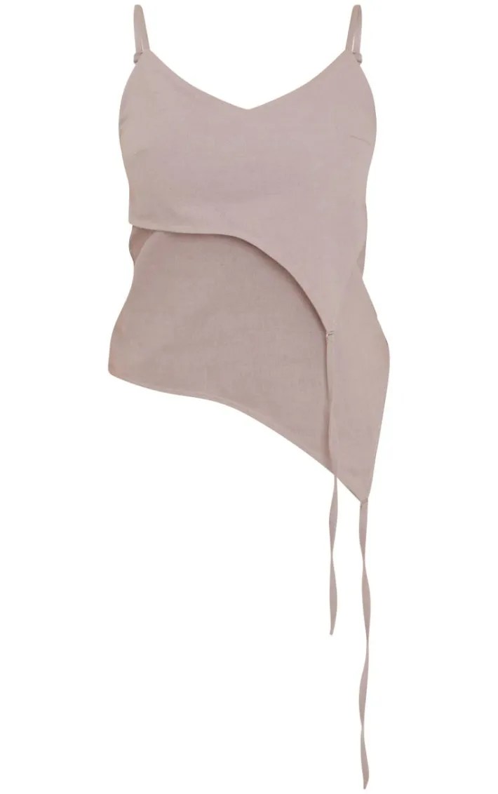 Taupe Linen Asymmetric Strappy Detail Cami Top