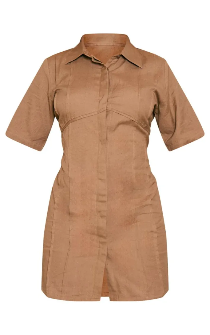 Taupe Linen Look Binded Detail Shirt Dress