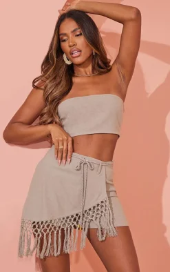 Taupe Linen Look Crochet Tassel Hem Wrap Skort