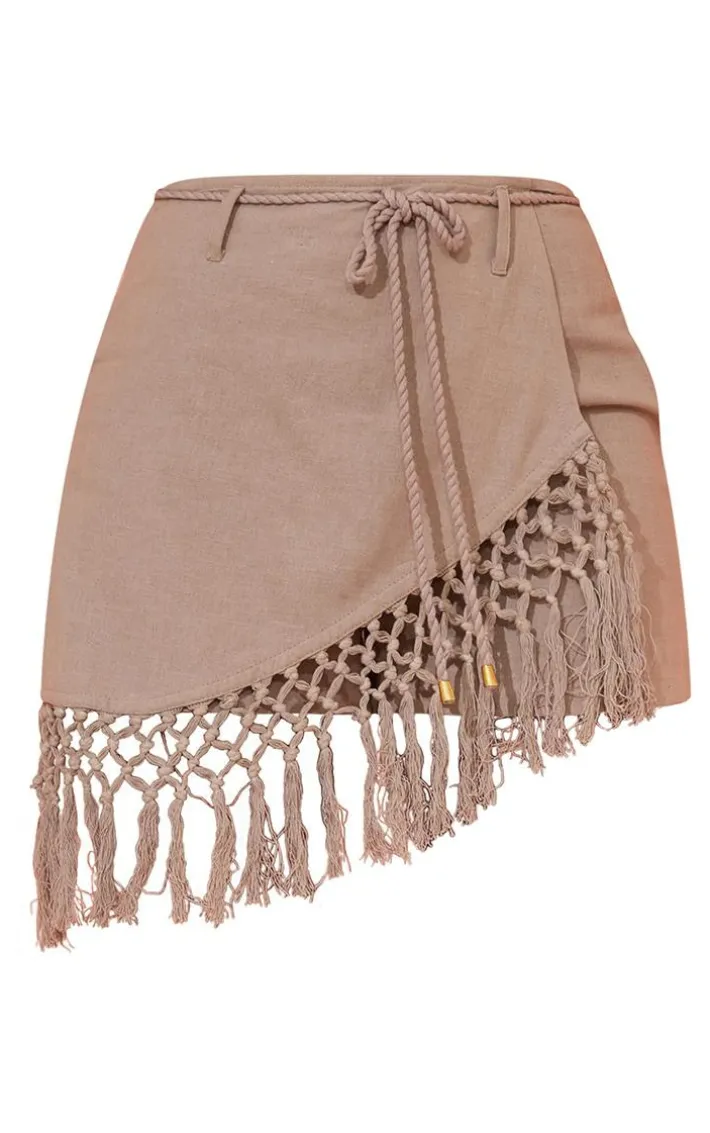 Taupe Linen Look Crochet Tassel Hem Wrap Skort