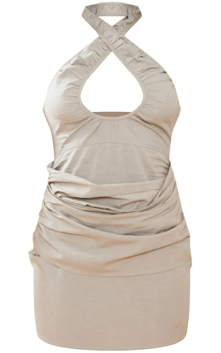 Taupe Linen Look Cross Halter Wrap Front Bodycon Dress