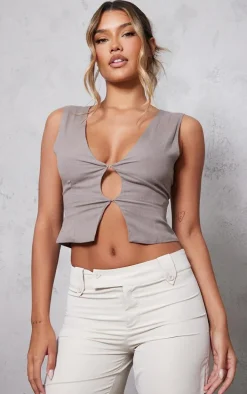 Taupe Linen Look Cut Out Front Vest
