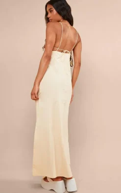 Taupe Linen Look Floral Applique Maxi Dress