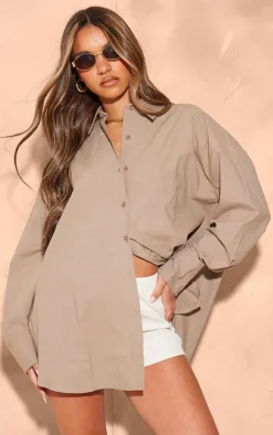 Taupe Linen Look Pocket Detail Oversized Shirt