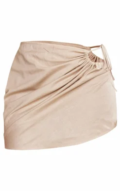 Taupe Linen Look Ruched Detail Mini Skirt