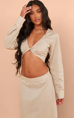 Taupe Linen Look Twist Front Cropped Shirt