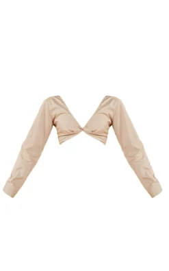 Taupe Linen Look Twist Front Cropped Shirt