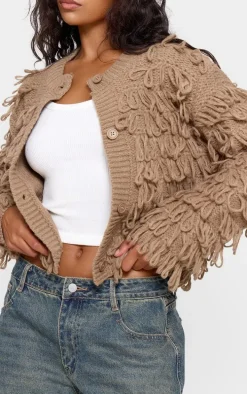 Taupe Loop Knit Crew Neck Button Up Cardigan
