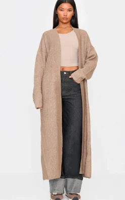 Taupe Marl Knit Rib Maxi Cardigan