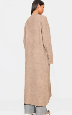 Taupe Marl Knit Rib Maxi Cardigan