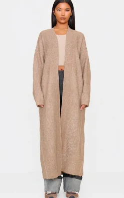Taupe Marl Knit Rib Maxi Cardigan