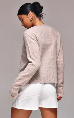 Taupe Melange Soft Knit Basic Button Up Cardigan