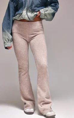 Taupe Melange Soft Knit Foldover Waist Flared Pants