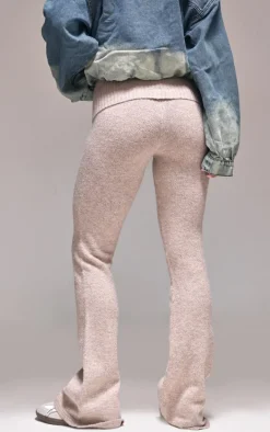 Taupe Melange Soft Knit Foldover Waist Flared Pants