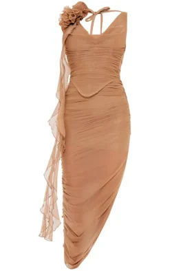 Taupe Mesh Corsage Detail Ruched Midaxi Dress