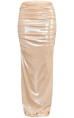 Taupe Metallic Ruched Maxi Low Rise Skirt