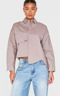 Taupe Oversized Asymmetric Strap Detail Shirt