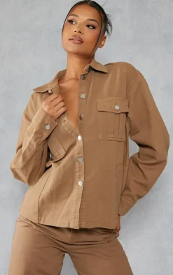 Taupe Oversized Utility Pocket Denim Shirt
