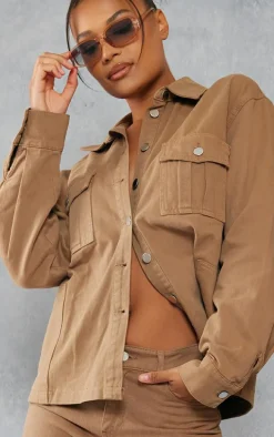 Taupe Oversized Utility Pocket Denim Shirt
