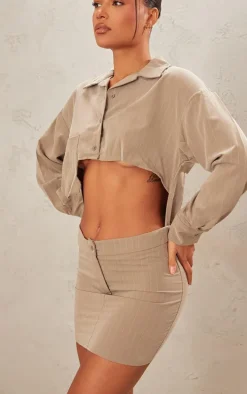 Taupe Pinstripe Cut Out Pocket Long Sleeve Shirt Dress