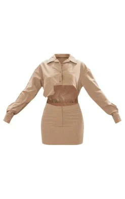 Taupe Pinstripe Cut Out Pocket Long Sleeve Shirt Dress