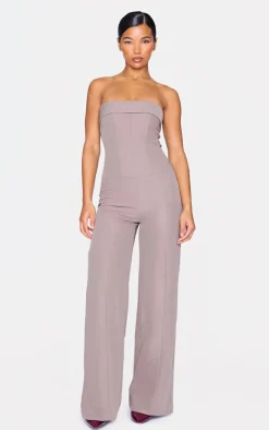 Taupe Premium Woven Bandeau Coreset Straight Leg Jumpsuit