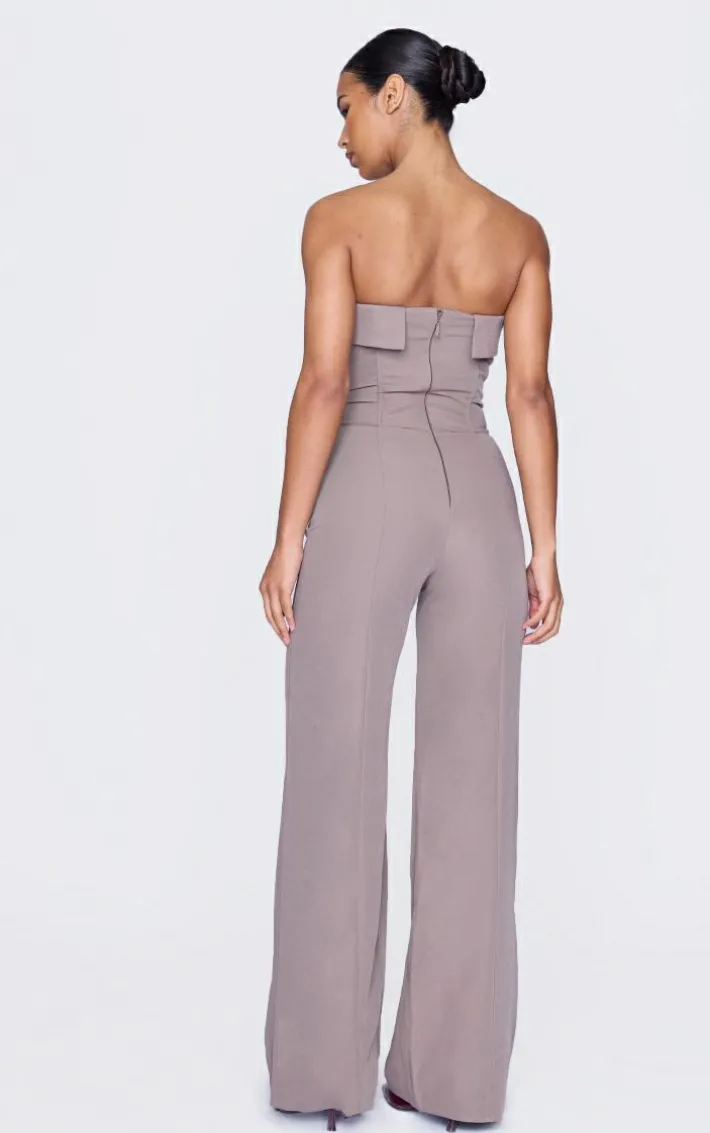 Taupe Premium Woven Bandeau Coreset Straight Leg Jumpsuit