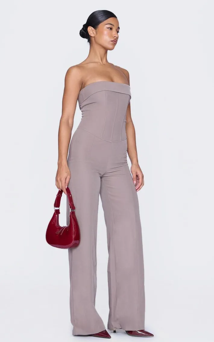 Taupe Premium Woven Bandeau Coreset Straight Leg Jumpsuit