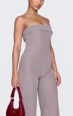 Taupe Premium Woven Bandeau Coreset Straight Leg Jumpsuit