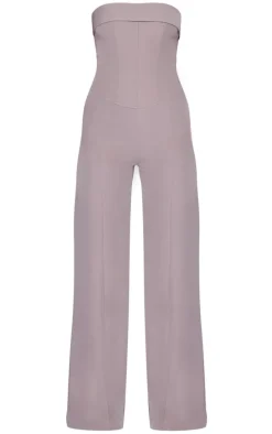 Taupe Premium Woven Bandeau Coreset Straight Leg Jumpsuit
