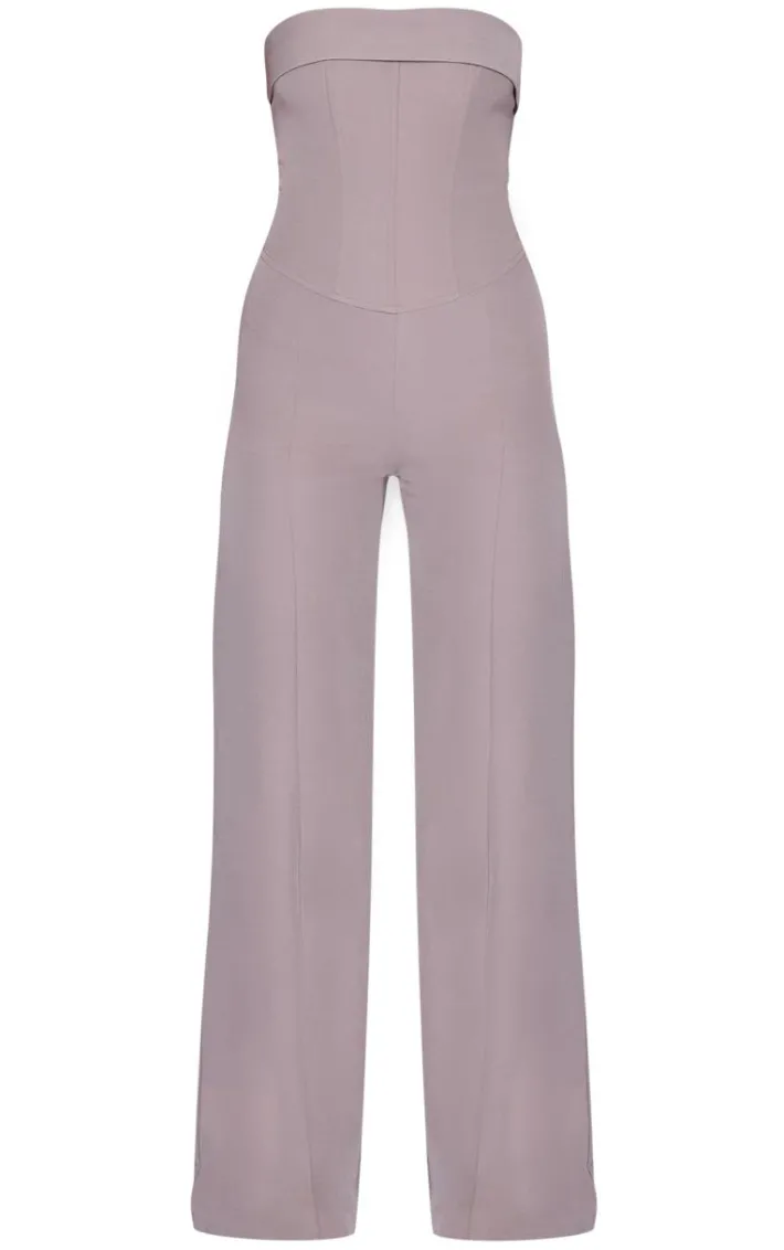 Taupe Premium Woven Bandeau Coreset Straight Leg Jumpsuit