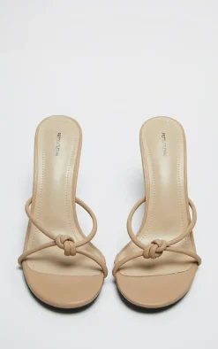 Taupe PU Knotted Mid Heeled Mule Sandals