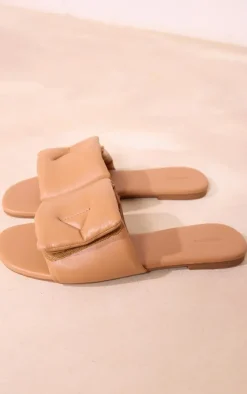 Taupe PU Round Toe Padded Velcro Strap Slider Flat Sandals