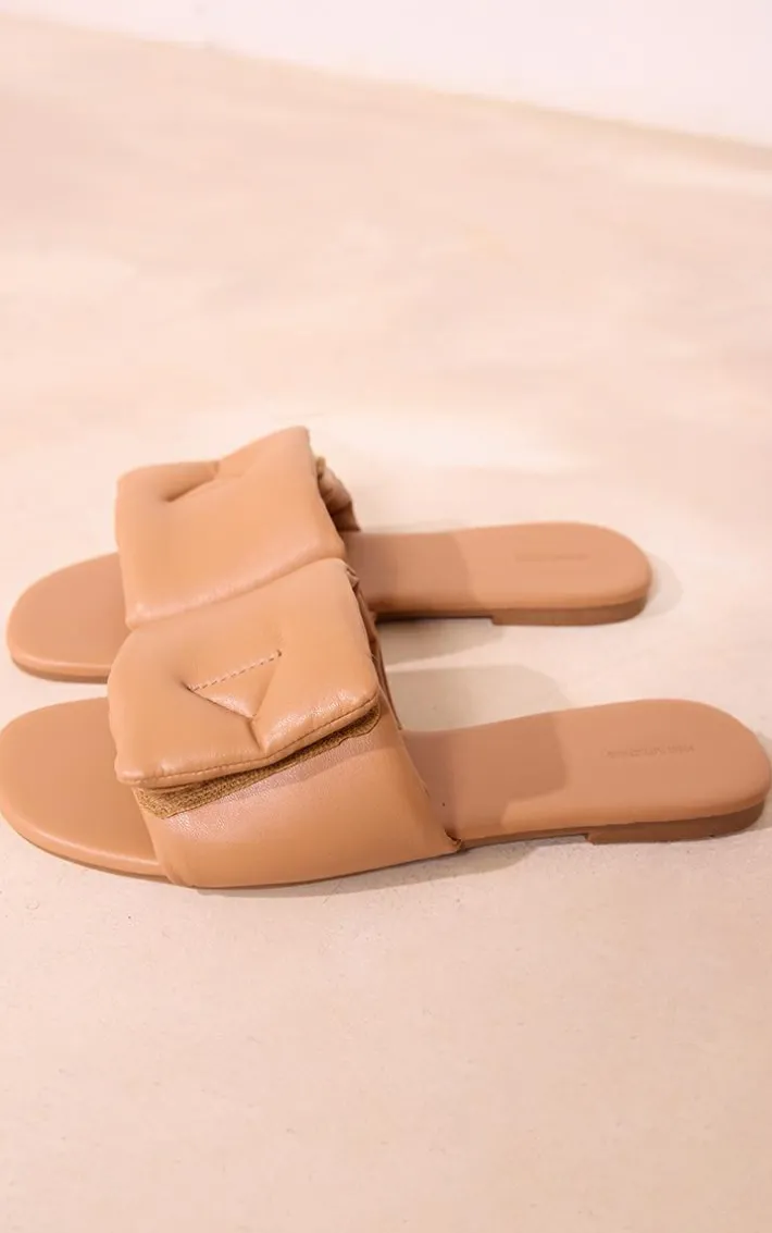 Taupe PU Round Toe Padded Velcro Strap Slider Flat Sandals