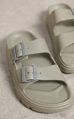 Taupe Rubberised Round Toe Buckle Flat Slider Sandals