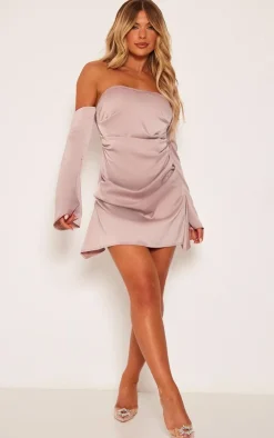 Taupe Satin Corset Bardot Ruched Long Sleeve Shift Dress