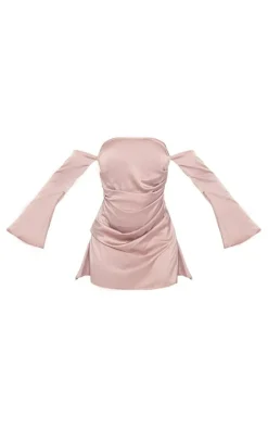 Taupe Satin Corset Bardot Ruched Long Sleeve Shift Dress