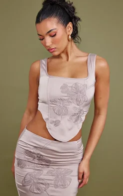 Taupe Satin Floral Embroidered Corset Top