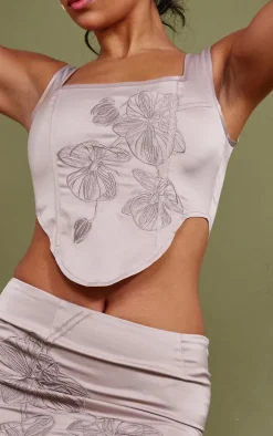 Taupe Satin Floral Embroidered Corset Top