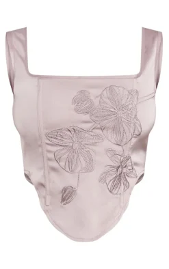 Taupe Satin Floral Embroidered Corset Top